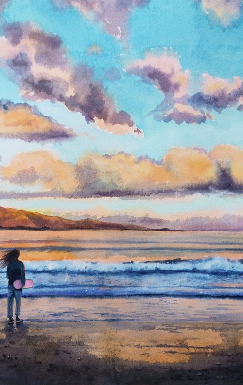 Young girl with skateboard seafront by Olga Beliaeva Watercolour