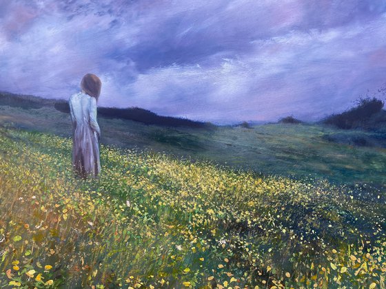 'Figure in a Landscape with Spring Flowers' Impressionistic, Surreal, Figurative Large Oil Painting