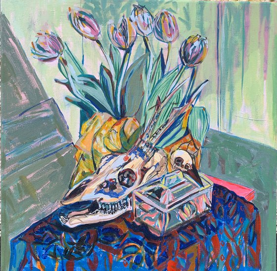 Still Life with Tulips, Glass Dish & Skulls no.2