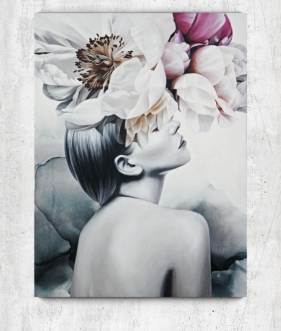 "Spring Impressions" Woman's face peony art