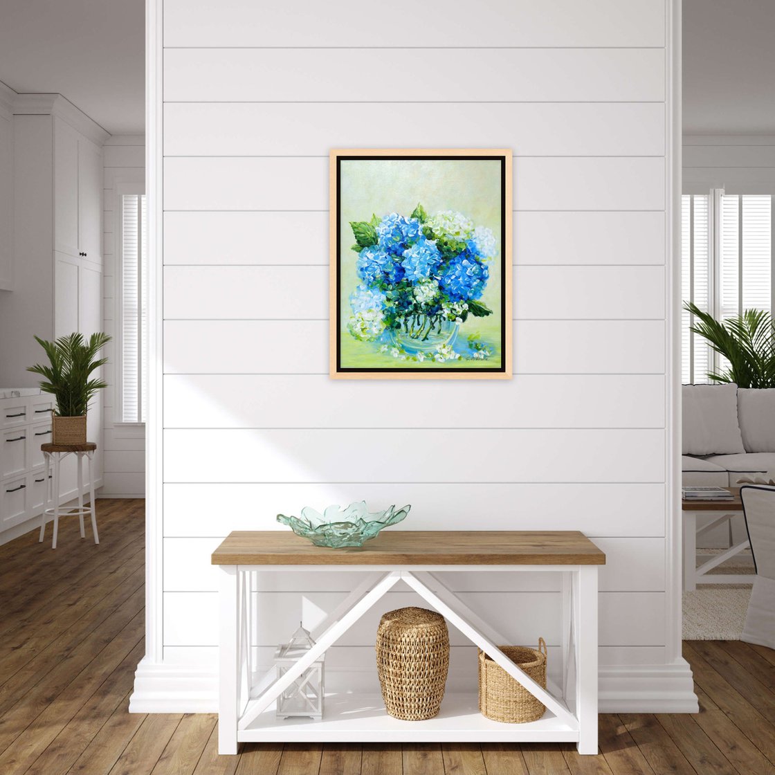 White and Blue Hydrangea Original Painting on Canvas. Impressionistic