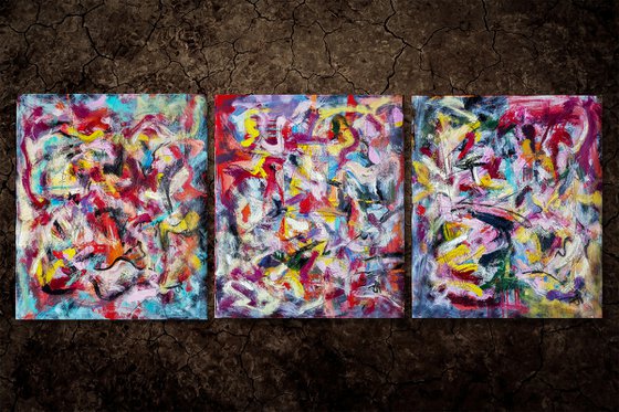 - KYROKUL - TEXTURED ABSTRACT EXPRESSIONISM STYLE Triptych on unstretched canvases.