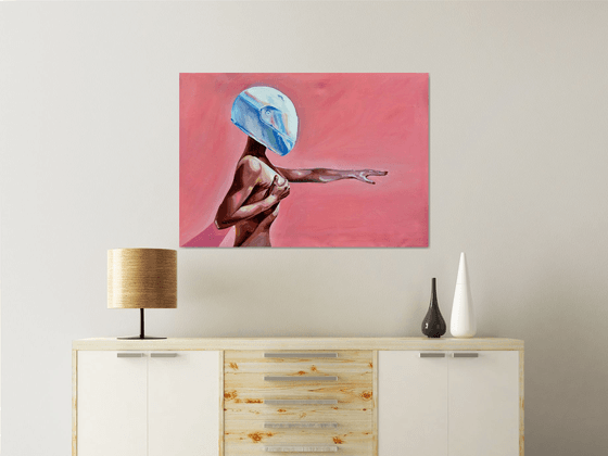 PINK DREAM - canvas print, paper print, wall art, pink background, white helmet, naked body, body, home decor, interior art, office art, poster