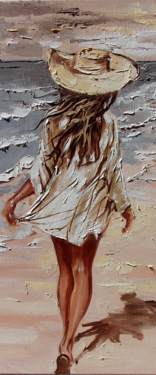" ON THE BEACH " SUN SKY SEA SAND liGHt  ORIGINAL OIL PAINTING, GIFT, PALETTE KNIFE by Monika Luniak
