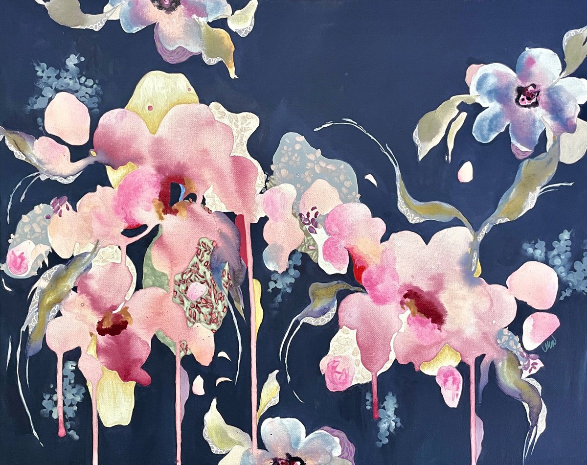 Organic Botanical Acrylic Painting By Nicole Esposito Woodall, 20 X 16", Midnight Oasis, Original Artwork