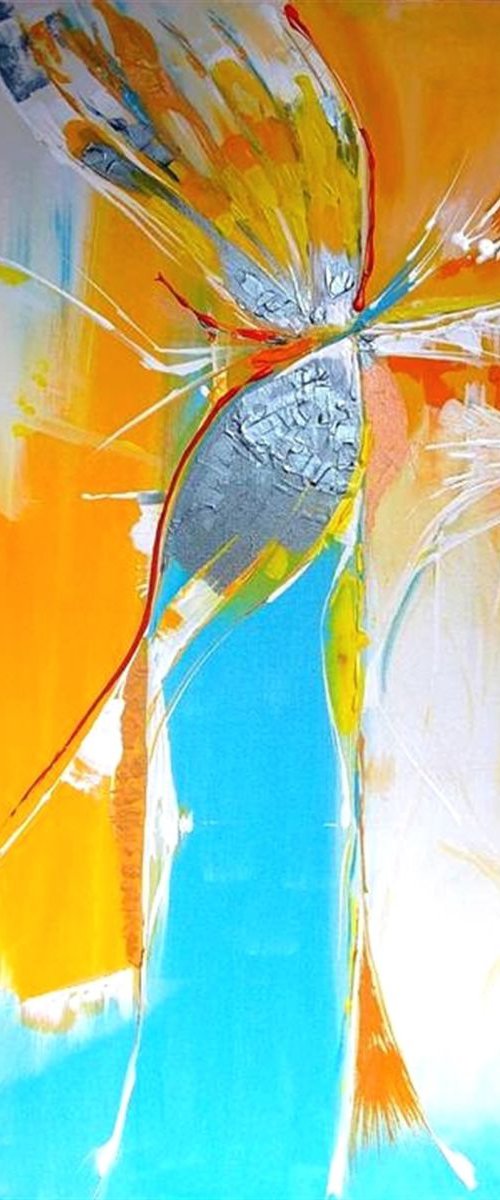 "Spread Your Wings" Abstract Large Painting, large original painting, 24 x 36, Metallic White Painting,Texture Art palette knife, Orange Gold, acrylic original by Maria Paunova