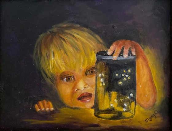 Original, Realistic Oil Painting Enlightenment of a child with glimmering fireflies trapped in a jar 11x14 framed