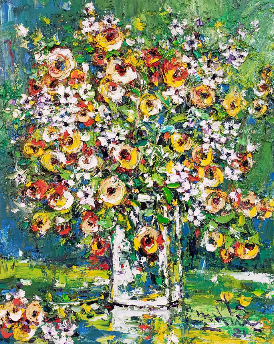 Impressionistic Botanical Oil Painting By Duc Tran, 16 X 20, Flowers 18, Original Artwork