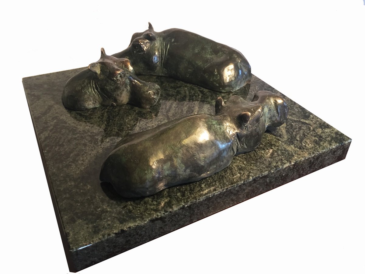 Expressive Animal Bronze Sculpture By Toth Kristof, 13 X 4", Hippos, Original Artwork