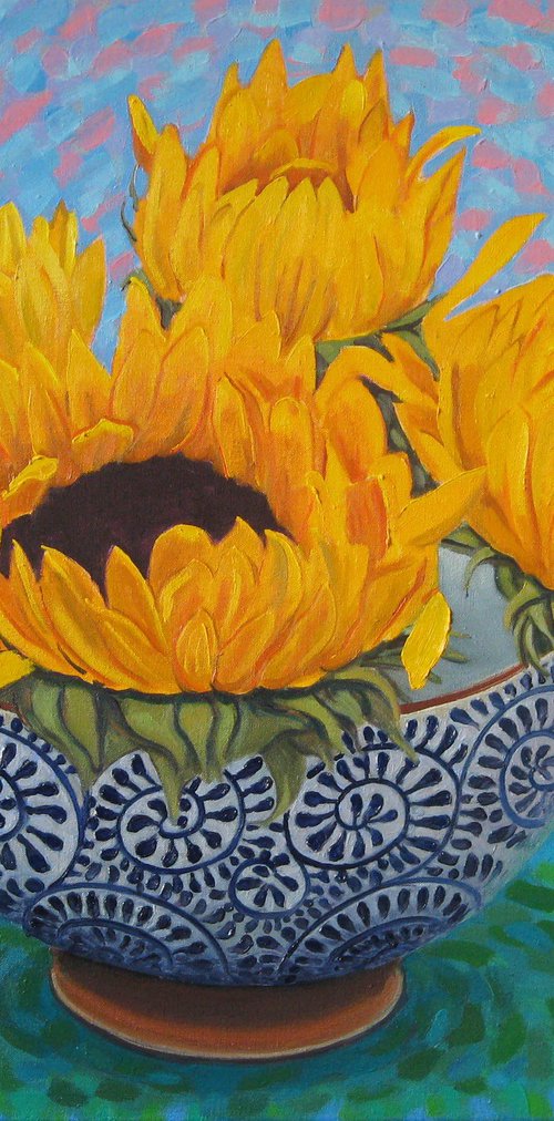 Four Sunflowers in a Bowl by Richard Gibson