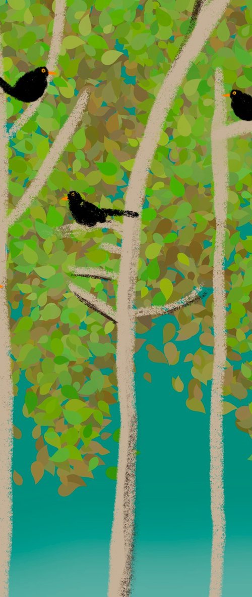 The Blackbirds , cute lovebird tree artwork by Stuart Wright