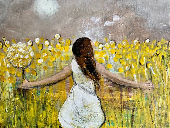 Feel Good Painting / Meadow / Yellow / Child / Flowers / Home Decor / Wall Art / Canvas Painting/ Gift Ideas