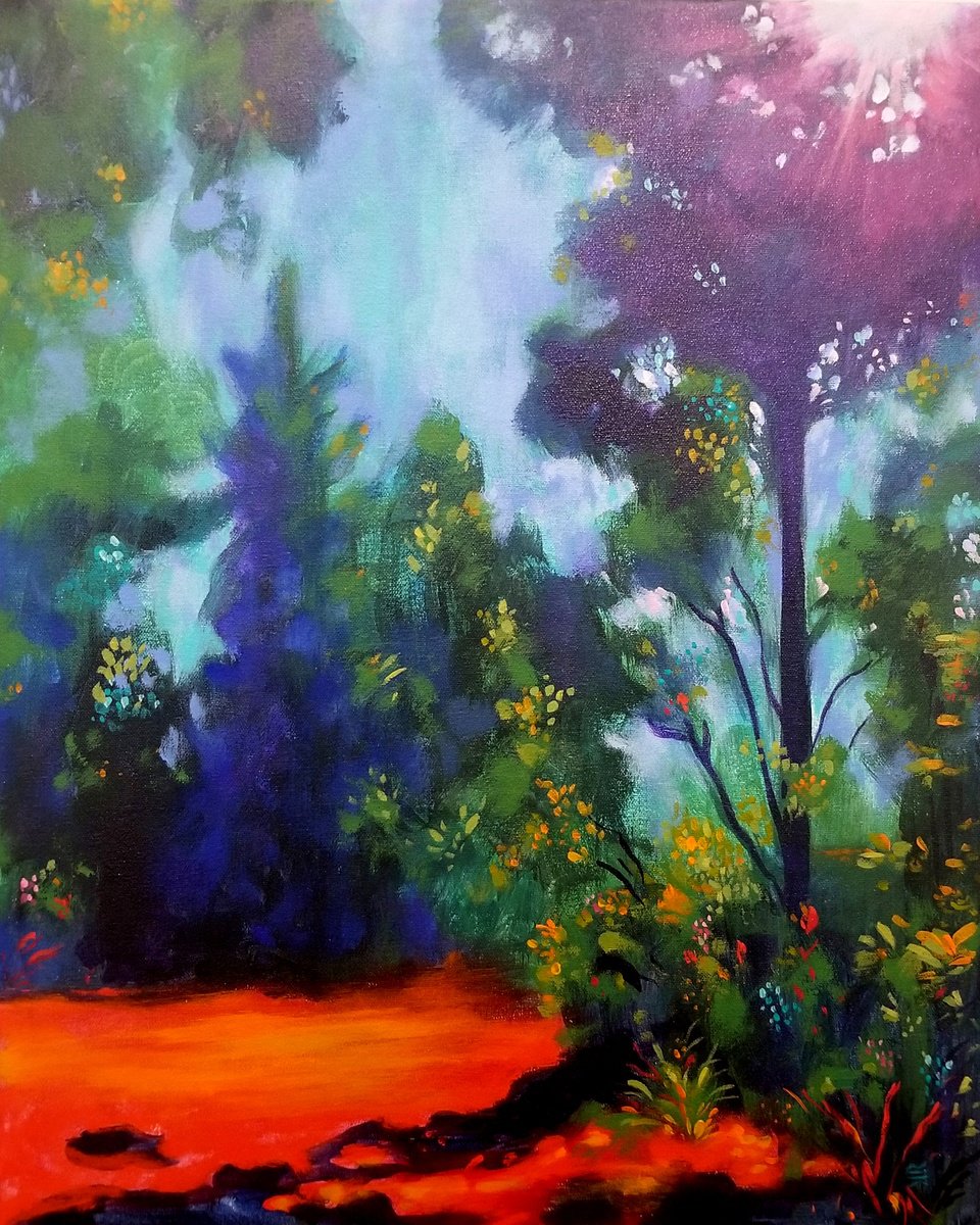 Impressionistic Landscape Acrylic Painting By Karen Rieger, 16 X 20", Evening Glow, Original Artwork