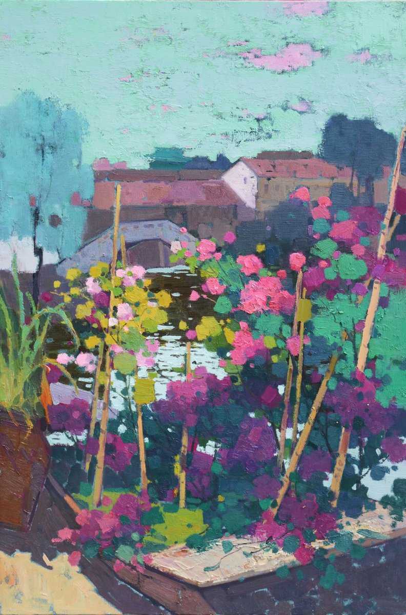 Impressionistic Landscape Oil Painting By Jianzhe Chon, 24 X 35, Chinese Garden 114, Original Artwork