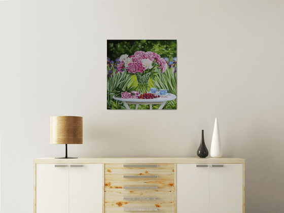 Peonies and Cherries in the Garden