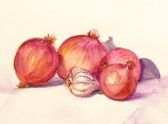 Still life with onions watercolor alla-prima painting  26