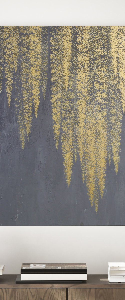 "White Wisteria 3" Gold flower abstract art by Marine Boiko