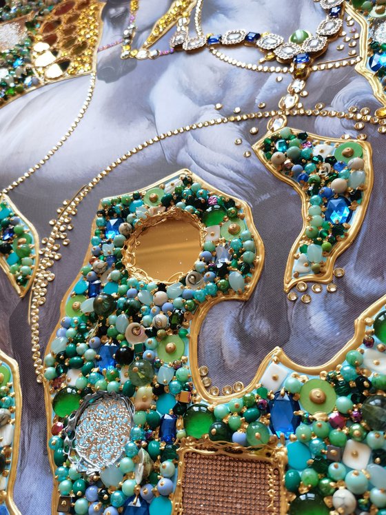 Pearl silver horse. Sun in the forest