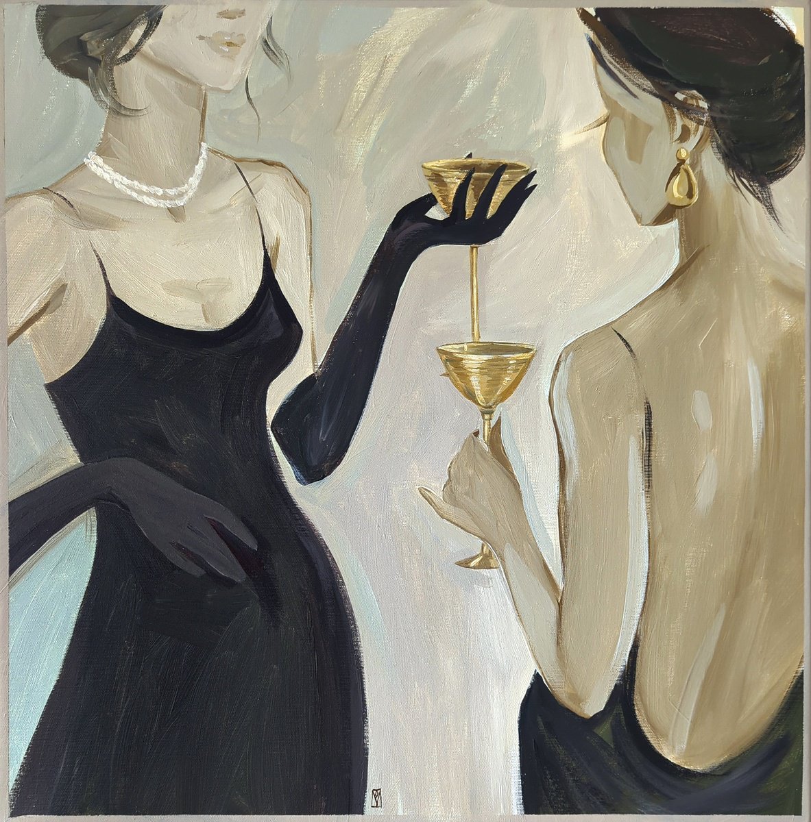 Impressionistic Portrait Acrylic Painting By Olha Vlasova, 24 X 24", Dinner With Bestie, Original Artwork