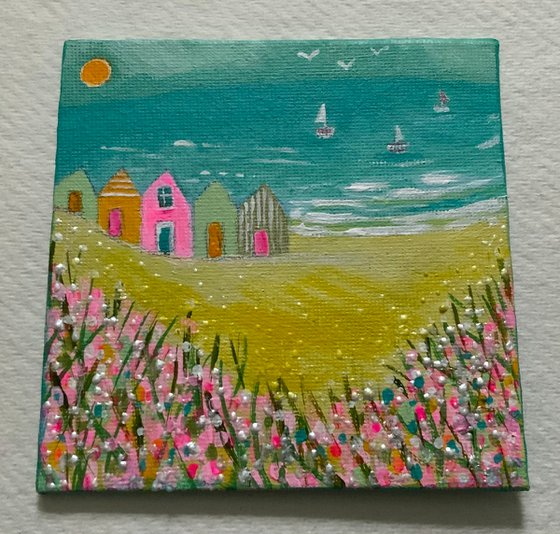 Beach Huts, 10x10cm small acrylic landscape canvas board painting
