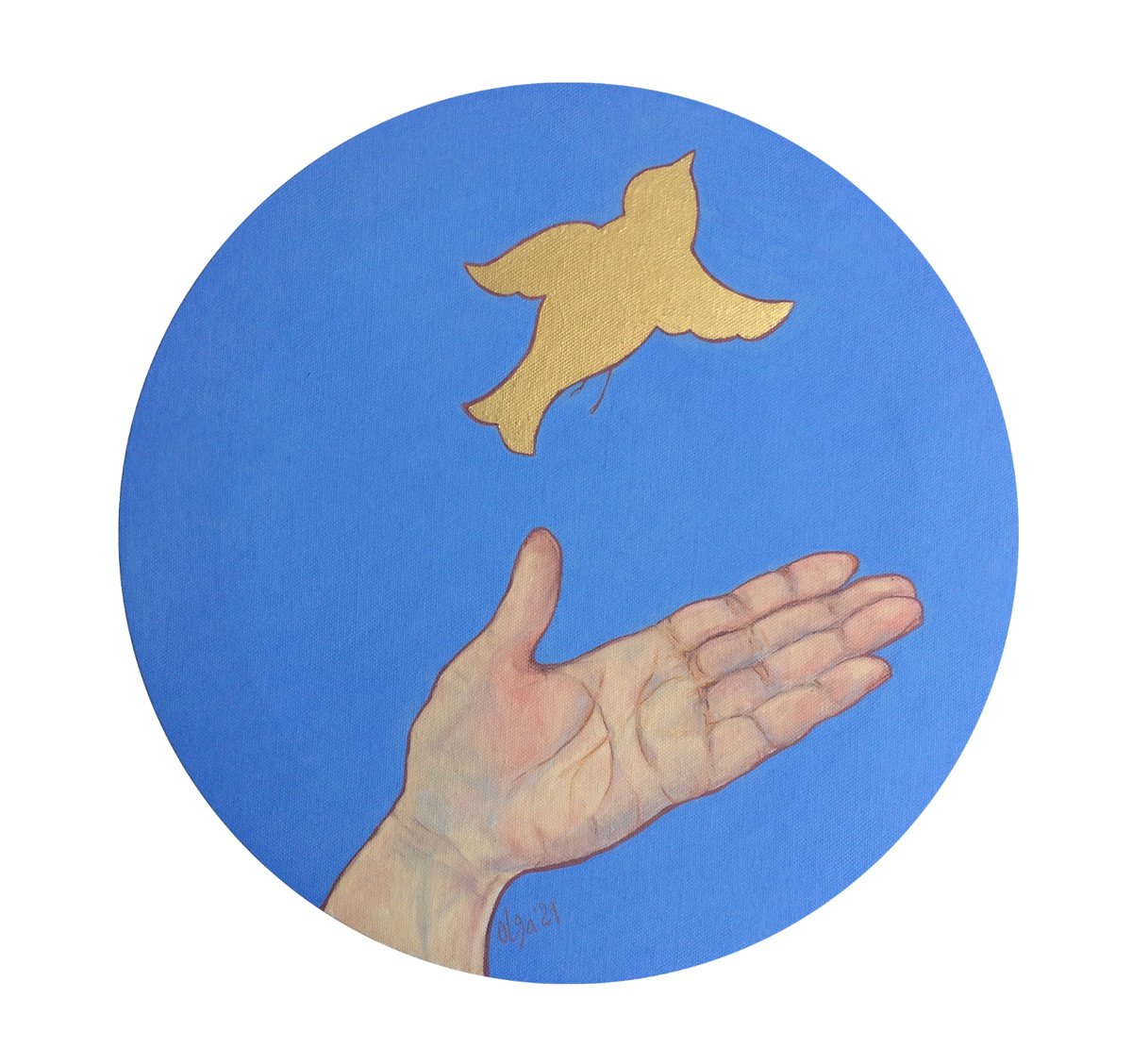 Original oil and golden leaf painting - Round canvas for living room - Hand and bird (2021... by Olga Ivanova