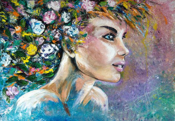 "Summer girl"Original oil painting on canvas,large format 70x100x2 cm