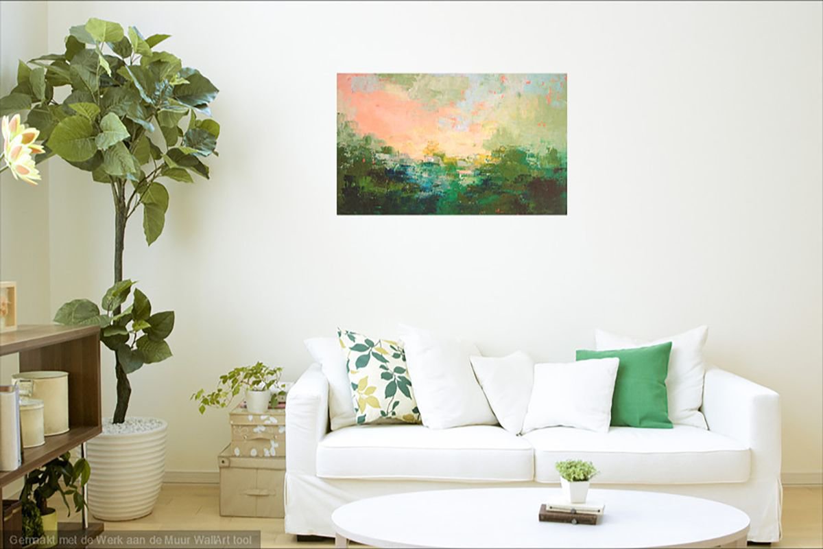 Abstract Landscape Oil Painting By Saroja Van Der Stegen, 26 X 17", Green Landscape (Ref#:916-12M), Original Artwork