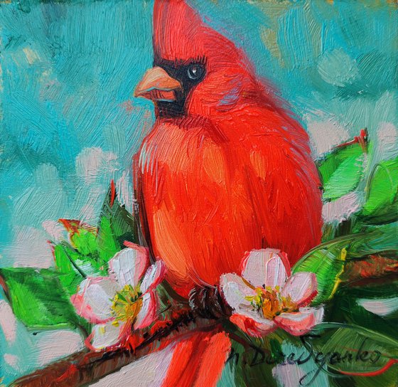 Cardinal red bird oil painting original, Small picture framed artwork 4x4, Bird wall art decor hanging, Gifts for mom