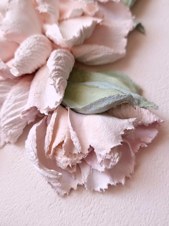 Peony flower panel. Small ceramic sculpture 3d flower with white petals. Tender peony botanical bas- relief. White Peony 2 - 3d painting