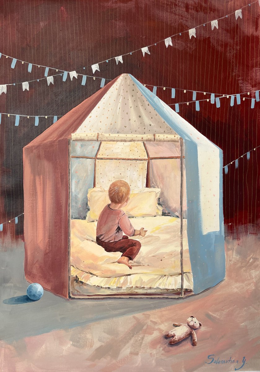 Impressionistic Portrait Acrylic Painting By Yevheniia Salamatina, 20 X 28", Childhood, Original Artwork