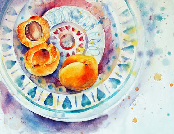 Apricots on a turkish plate - original watercolor turquoise patterns