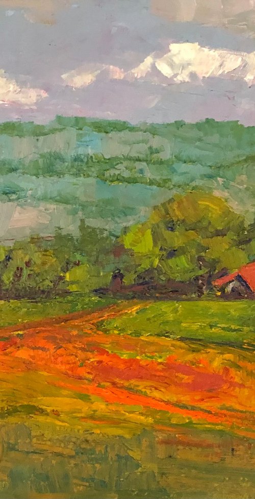 At the foothills landscape oil by Padmaja Madhu