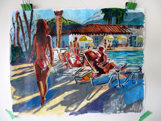 Swimming Pool scene with figure walking