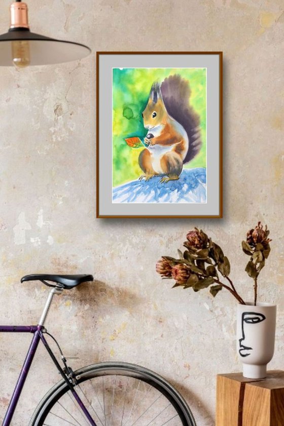 Squirrel Watercolor Painting Cute Animal Artwork