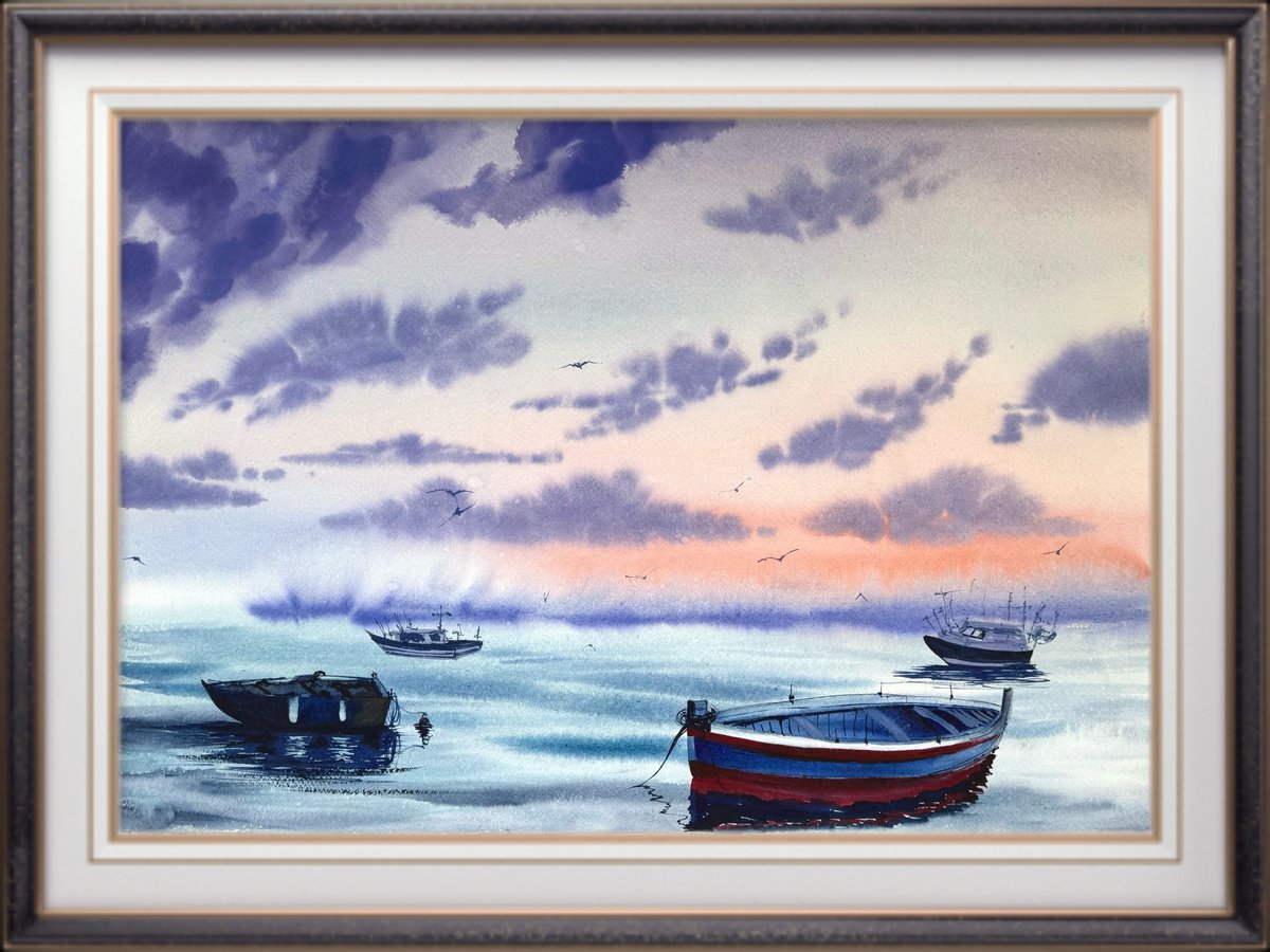 Impressionistic Watercolour , Seascapes Evening Silence By Yuliia Sharapova, 28 X 20, Artwork For Sale On Artfinder