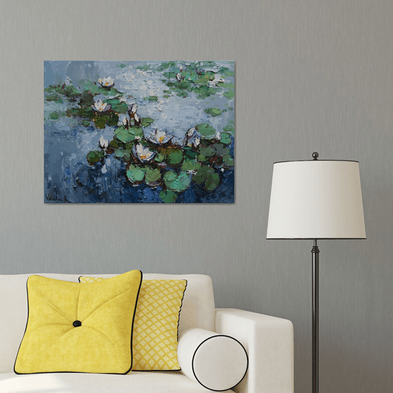 White Water Lilies in pond -  Original Oil painting