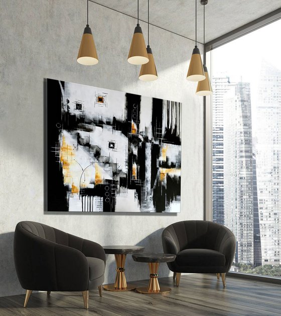 Awakening from the Dream - XL Large abstract art – Black & White Art - Expressions of energy and light.