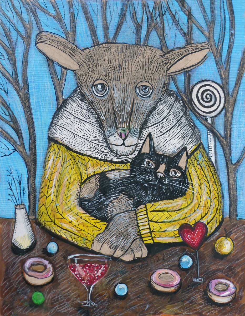 Surrealistic Animal Painting By Elizabeth Vlasova, 11 X 14, Sheep Man With Cat, Original Artwork