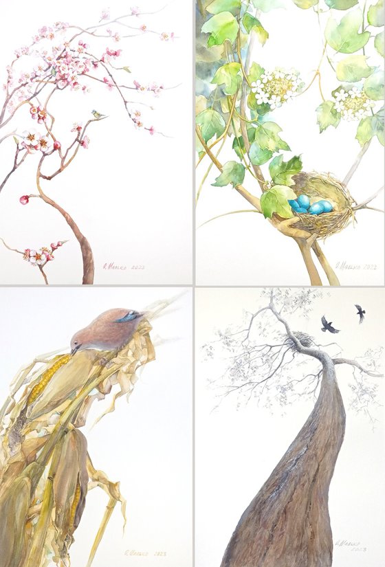 The Beauty of Nature. Four Seasons / ORIGINAL watercolors 76x112cm