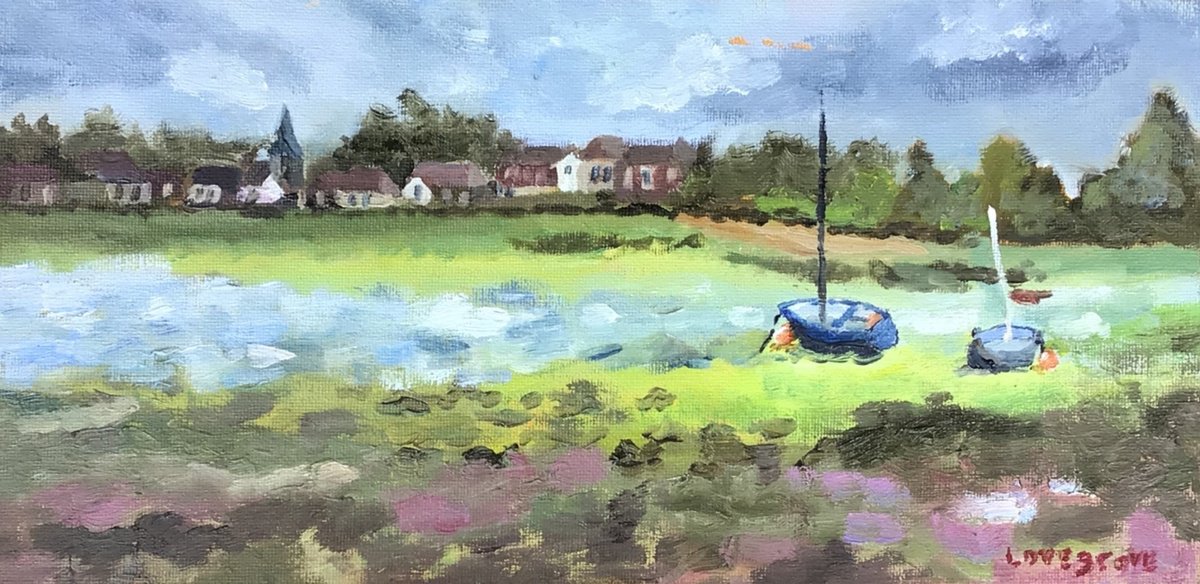 Impressionistic Landscape Oil Painting By Julian Lovegrove Art, 12 X 6", Low Water At Bosham, Original Artwork