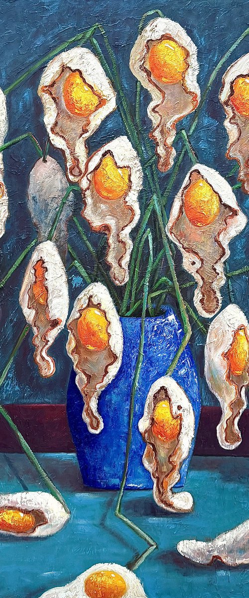Egg flowers in a blue vase by Ta Byrne