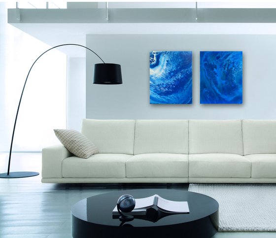 "I Got The Blues" - Save As A Series - Original PMS Abstract Diptych Fluid Acrylic Paintings On Canvas - 32" x 20"