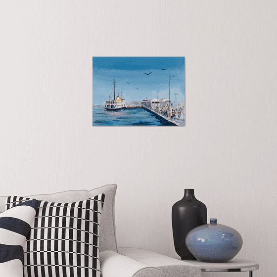 Istanbul boat station. Original watercolor. Sea Turkey Blue travel city urban scene interior