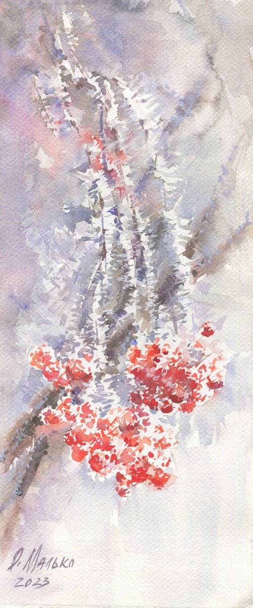 Hoar frost on a red berries of a guelder rose / ORIGINAL watercolor painting ~6x14in (15.5x36cm) by Olha Malko