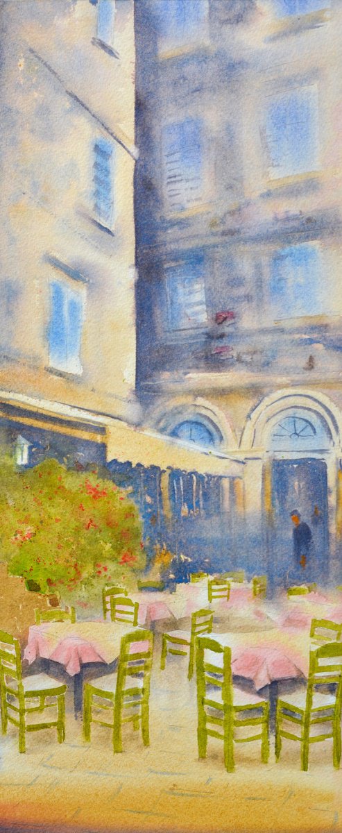 Impressionistic Cityscapes Watercolour By Nenad Kojic, 10 X 22", Small Restaurant With Green Ch, Original Artwork