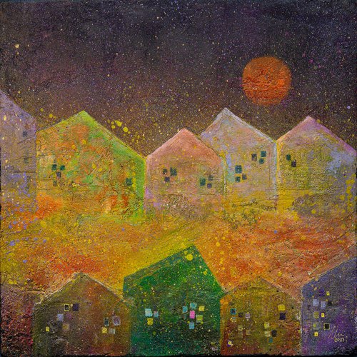 Orange Moon - Abstract cityscape by Peter Zelei