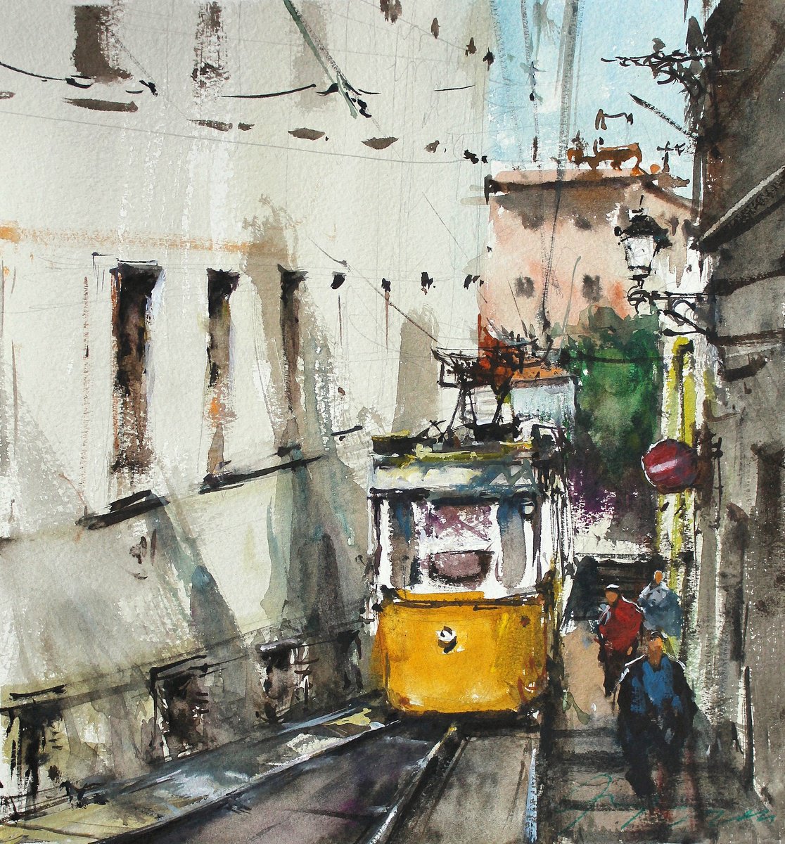 Impressionistic Cityscapes Watercolour By Maximo Damico, 10 X 11", Lisbon Tram 28, Original Artwork
