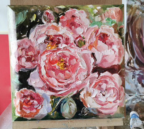 Peonies flowers painting, Textural painting on canvas