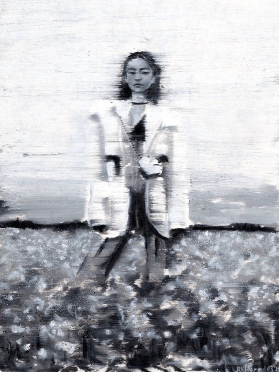 Ling | Black and white Asian woman oil painting on paper beautiful fashion lady in field outside view