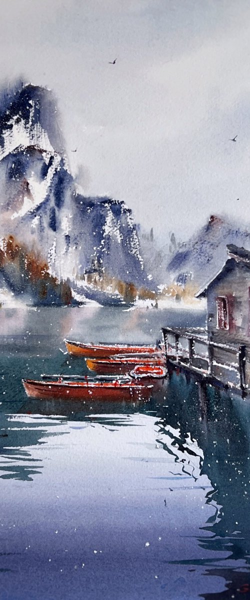 Boats on Lake Braies, Italy by Eugenia Gorbacheva